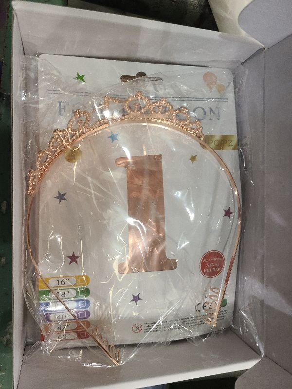 Photo 1 of 1st Birthday Decorations for Baby Girls, Including 1 year old Birthday Cake Topper, Queen Sash with Pearl Pin, Sweet Rhinestone Tiara Crown, Number Candles and Balloons