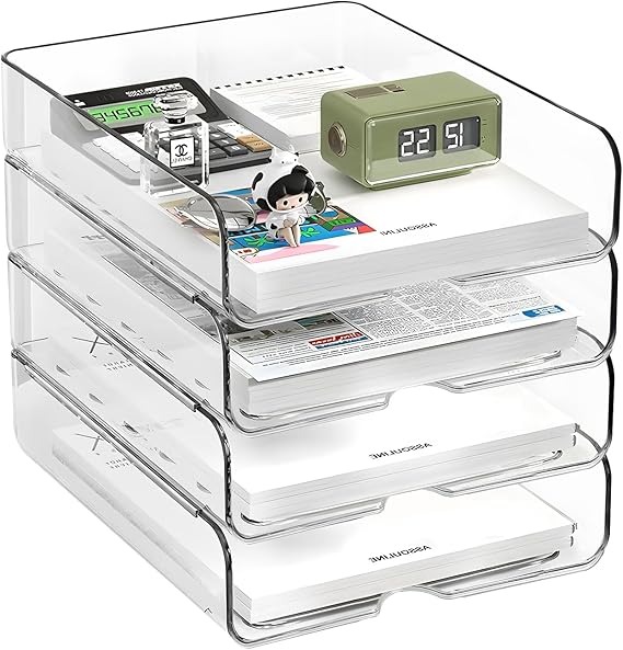 Photo 1 of 4-Tier Paper Organizer for Desk, Stackable Desk Organizer Paper Tray, Ideal for Office Supplies, A4 Storage (Clear, 4-Tier)
