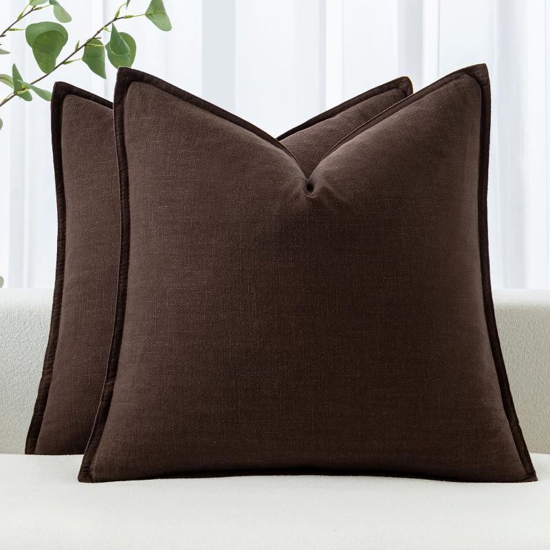 Photo 1 of  MIULEE Decorative Linen Pillow Covers 18x18 Inch Dark Brown ?Boho Farmhouse? ?Neutral Couch Throw Pillows for Bed Pack of 2 Accent Modern Pillowcase Sofa Livingroom Home Decor 