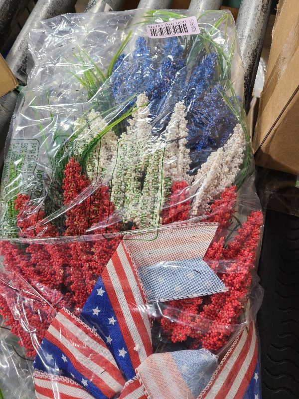 Photo 1 of 19.7 Inch Patriotic Wreath for Front Door 4th of July Wreath Independence Day White Blue Red Garland for Memorial Day Veterans Day Front Door Decoration Hanging Ornaments
