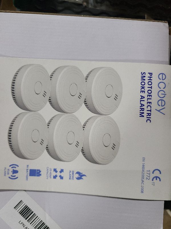 Photo 1 of Ecoey Alarm Fire Detector, Battery Included Photoelectric Smoke Detector with Test Button and Low Battery Signal, Small Fire Alarm for Home, Bedroom FJ136GB, 6 Packs