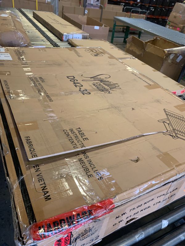 Photo 1 of Signature Design by Ashley Robbinsdale Farmhouse Distressed Counter Height Dining Extension Table with Trestle Base, Planked Effect and 2 Removable End Leaves, White