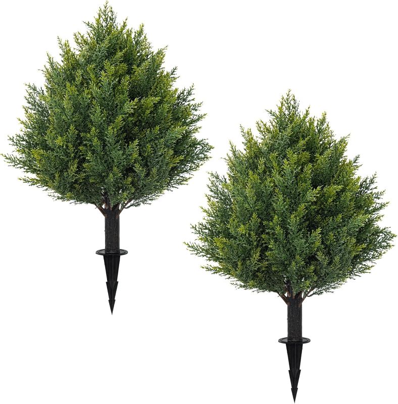 Photo 1 of 24.8" Artificial Cedar Topiary Ball Trees with Ground Spike, Set of 2 Faux Cypress Plants UV Resistant Artificial Pine Shrubs Fake Bushes for Outdoor Indoor Front Porch Garden