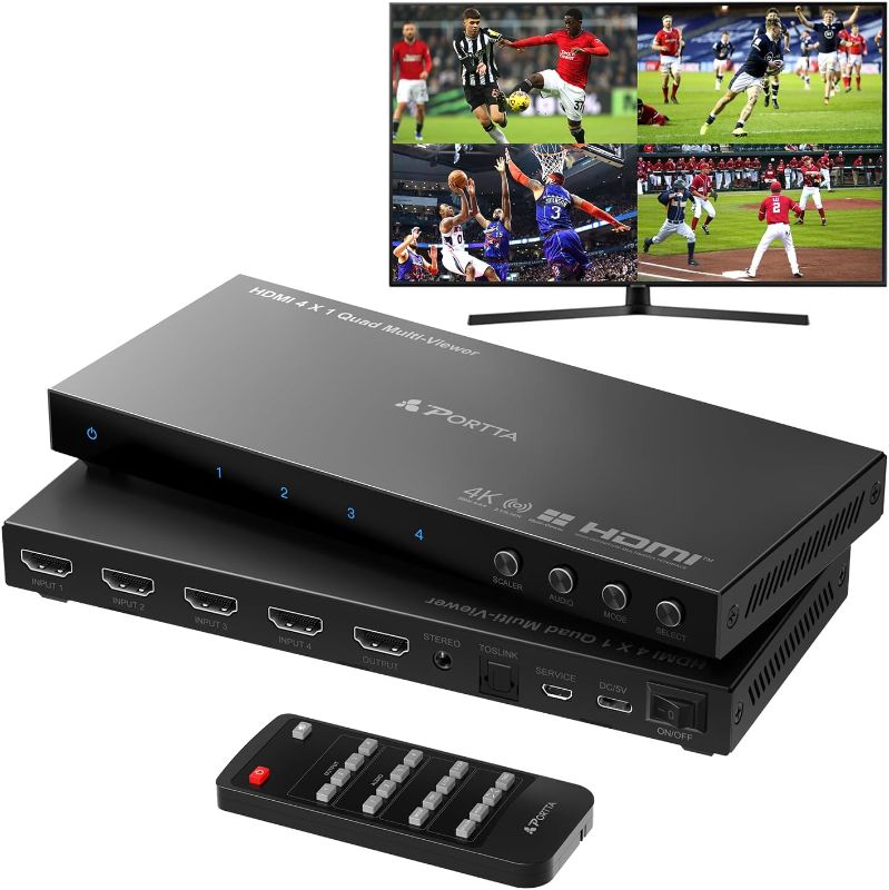 Photo 1 of 4K HDMI Multiviewer Switch 4x1 with PIP, PORTTA Quad Multi Viewer Seamless Switcher 4 in 1 Out with Toslink, 3.5mm Audio Output Support 4K 30Hz, 6 Viewing Modes, Downscaler, Compatible with PS4 Xbox
