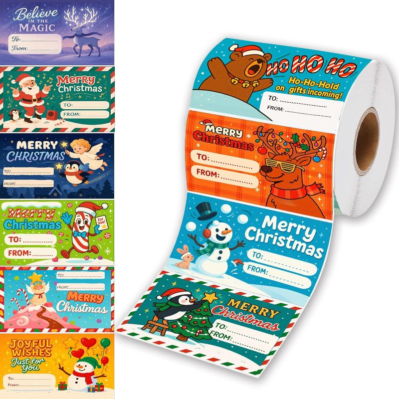 Photo 1 of 500 Pcs Christmas Gift Tags Stickers Roll - Zero Repeats Unique Designs - Self Adhesive to from Labels for Holiday Gift Wrapping - Name Tags for Presents, Cards & Bags, 2.95 x 1.6 Inches

