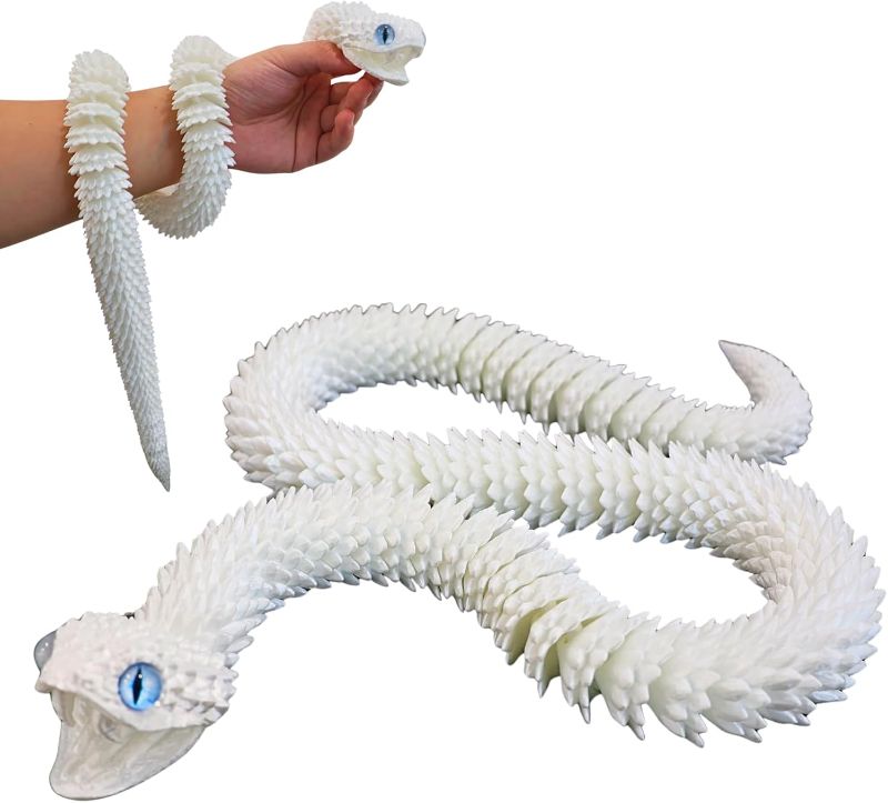 Photo 1 of 35.5-inch Oversized 3D Printed Snake Model with Movable Teeth and Flexible Joints, Reptile Animal Figurine, Stress Relief, Surprising and Magical Gift (35.5in White)
