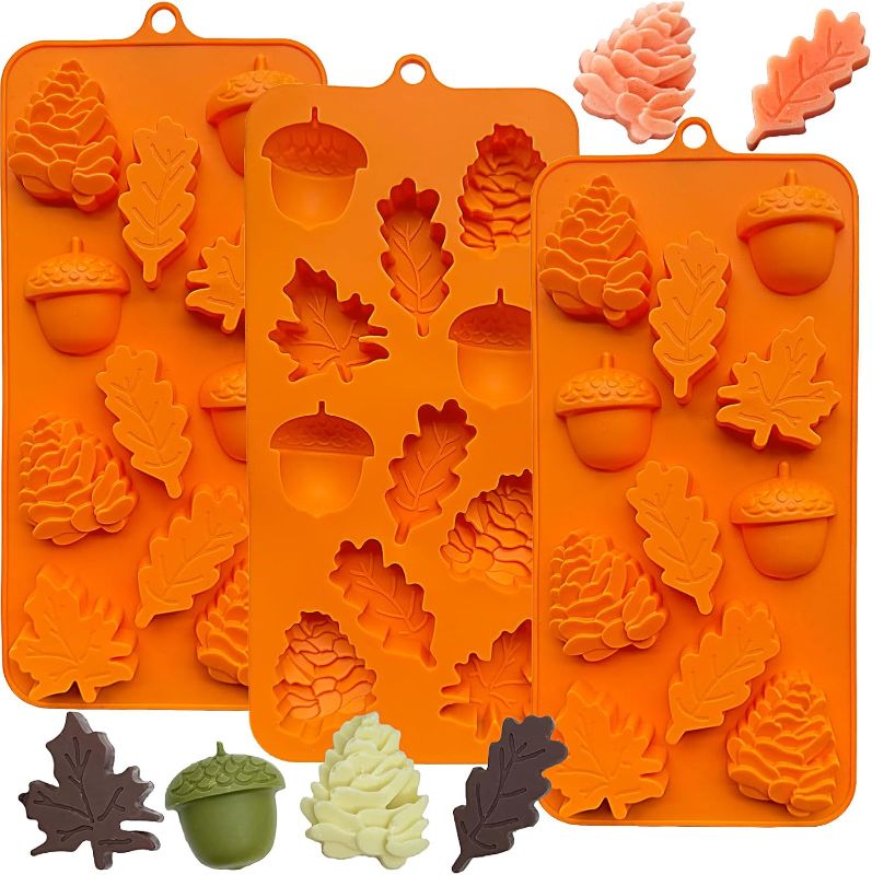 Photo 1 of 3Pack Fall Chocolate Mold Thanksgiving Silicone Candy Molds Halloween Autumn Harvest Festival Baking Mold Chestnuts, Pine Cones, Maple Leaves Acorn Shape Cake Molds for Cake Cupcake Toppers

