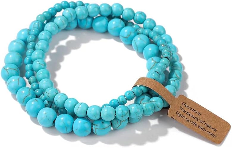 View 1 of 3Pcs Healing Crystal Turquoise Bracelets for Women Men 8mm 6mm 4mm Natural Stone Beaded Stretch Bracelet Jewelry Gifts for Women Girl