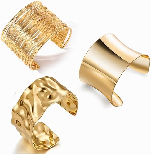 Photo 1 of 3PCS Gold Chunky Cuff Bracelets for Women Irregular Minimalist Statement Bangle Bracelets Set Open Wide Bangle Arm Cuff Upper Arm Punk Jewelry
