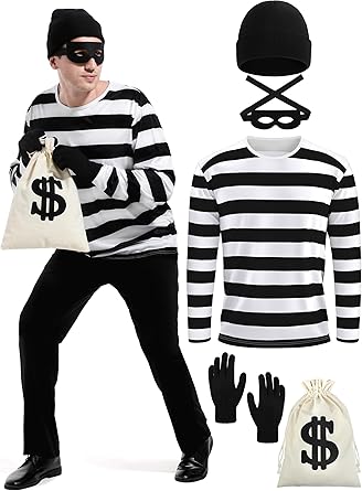 Photo 1 of 4 Pieces Halloween Costume Set, Men's Robber Costume Halloween Cosplay Burglar Accessories Striped Shirt for Adult M