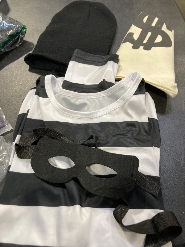 Photo 1 of 4 Pieces Halloween Costume Set, Men's Robber Costume Halloween Cosplay Burglar Accessories Striped Shirt for Adult M