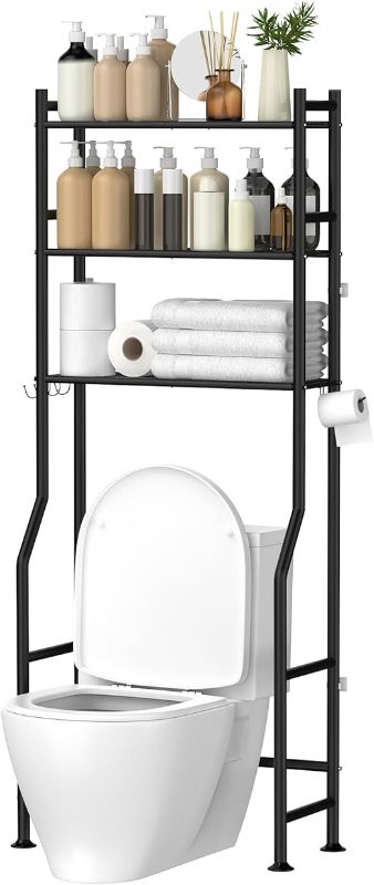 Photo 1 of 3-Tier Over The Toilet Storage, Space Saver Metal Bathroom Shelves, Freestanding Above Over Toilet Storage Shelf with 4 Hooks for Bathroom, Black
