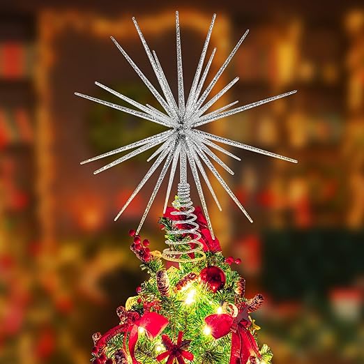 Photo 1 of 13.7 Inch Silver Christmas Tree Topper - 3D Burst Silver Tree Topper, Exploding Star Christmas Tree Decorations
