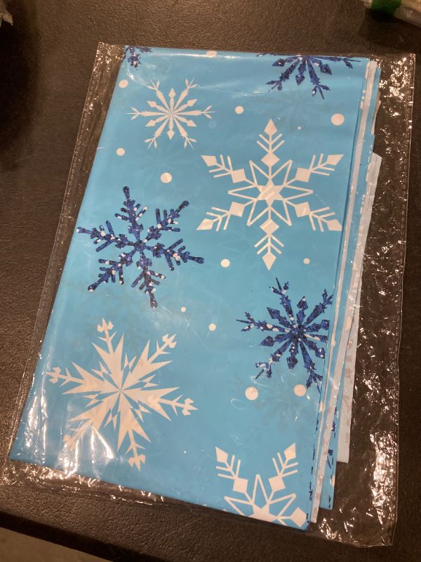 Photo 1 of 6 Pcs Plastic Snowflake Christmas Table Runners 14" x 108" Christmas Party Decoration Snowflake Christmas Theme Birthday Party Supplies Disposable Table Runner for Christmas Winter Table Décor