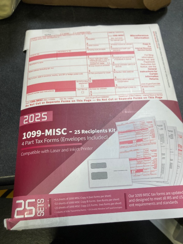Photo 1 of 1099 MISC Forms 2025,1099 MISC Forms 2025 with Envelopes,Vendor Kit of 25 Laser Forms,1099 MISC Tax Forms,4 Part Tax Forms Kit,25 Self Seal Envelopes with 3 1096 Included