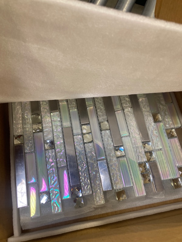 Photo 1 of Blujellyfish Glass Metal Tile Iridescent White Glass Silver Mirror Stainless Steel Blends Interlocking Strip Wall Tiles TSTNB01 (Pack of 5 Sheets)