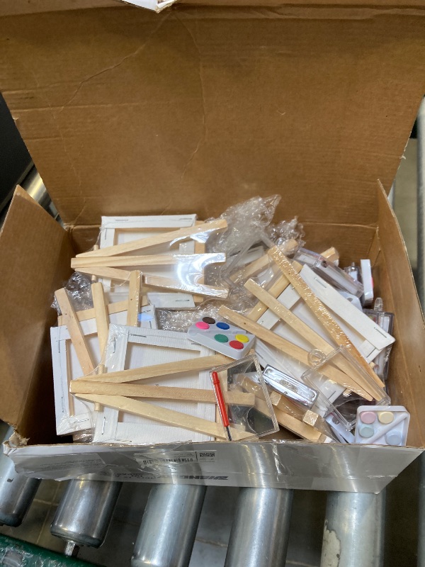 Photo 1 of 24 Pack Mini Canvas Painting Kit Mini Acrylic Paint Set Panels and Easel Painting Kit Set Small Art Acrylic Strips Palettes Brush Palette for Kids Adults School Classroom Party Gift