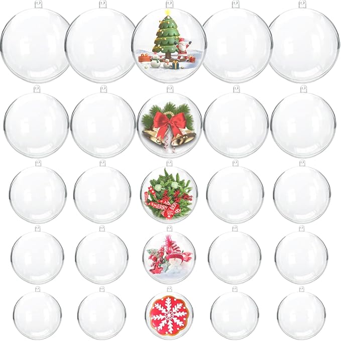 Photo 1 of Gddochn 25 Pcs Clear Plastic Fillable Ornaments, Acrylic Clear Plastic Ornaments Balls, DIY Bath Bomb Mold for Christmas, Wedding, Party, Home Decor (5 Size, 30mm, 40mm, 50mm, 60mm, 70mm)