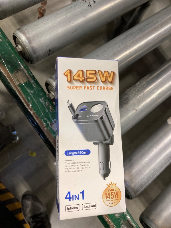 Photo 1 of 145W Retractable Car Charger, 4-in-1 Fast Car Charger & Cigarette Lighter Plug, 25.6" Retractable Cord, Travel Essentials Gifts, Compatible with All Phone Models, Phone 16/15/14/13/12/11,Galaxy,Pixel