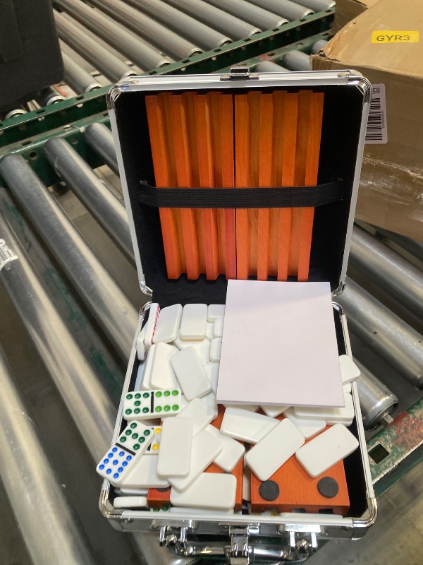 Photo 1 of *USED* Mexican Train Dominoes Set with 4 Holders - Dominoes Double 12 with Wooden Hub and Tiles Holders - Double 12 Dominos Set for Family Game Night for Adults and Kids Ages 8 and up (D12 + 4 Holders)
