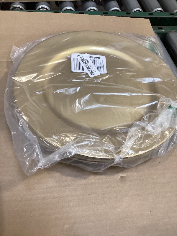 Photo 1 of ZEAYEA 12 Pack Gold Charger Plates, 13 Inch Plastic Round Dinner Charger Plates for Wedding Party, Elegant Tabletop Decor