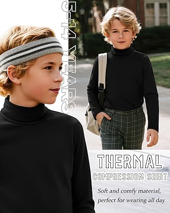 Photo 1 of 1pc  LessonZoo  Boys Thermal Turtleneck Long Sleeve Fleece Tops Black,13-14 Years