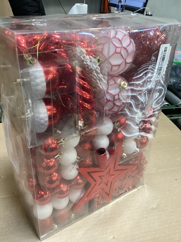 Photo 1 of 123pcs Christmas Ball Ornaments Set, Shatterproof Plastic Balls for Classic Xmas Decorations, Hanging Ornaments for Christmas Tree, Holiday, Bridal, Home Party, Red and White