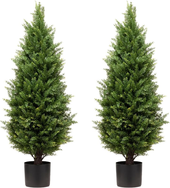Photo 1 of 3ft Artificial Topiary Trees Artificial Cedar Trees UV Resistant Bushes Potted Set of 2 Faux Shrubs for Outdoor Indoor Front Porch Garden
