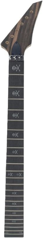 Photo 1 of Maple Guitar Neck 24 Fret 25.5 Inch - Black Finish with White Skull Inlays, Pointed Headstock & Bolt-On Heel for Modern Electric Guitar Builds