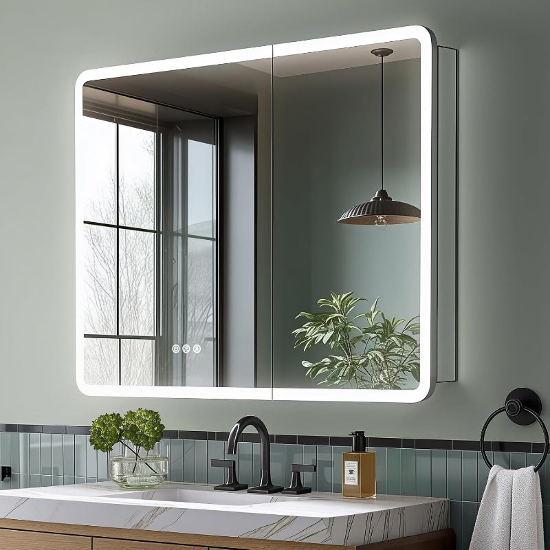 Photo 1 of TIFULLHOME 36x32 Medicine Cabinet with Lights, AL Alloy Frame Rounded Corner, Plug-in or Hardwired, 3 Colors/Dimmable/Inner Sensor Light/Defog, 2 Shelf