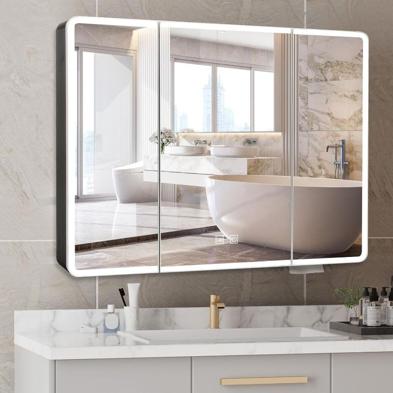Photo 1 of 36x28 Lighted Bathroom Medicine Cabinet with Led Mirror, Pre- Assembled Recessed or Surface Medicine Cabinet with Anti-Fog Mirror, Easy to Install 3 Doors Aluminum Cabinet, Black

