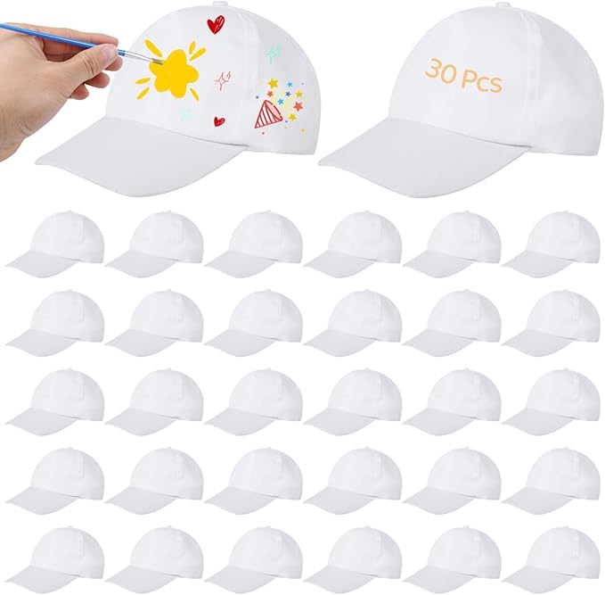 Photo 1 of 30 Pcs DIY Baseball Caps, White Painting Caps, Blank Adjustable Polyester Caps for Little Ones, Outdoor Sports Hats for Camp, Group Events, Craft Projects
