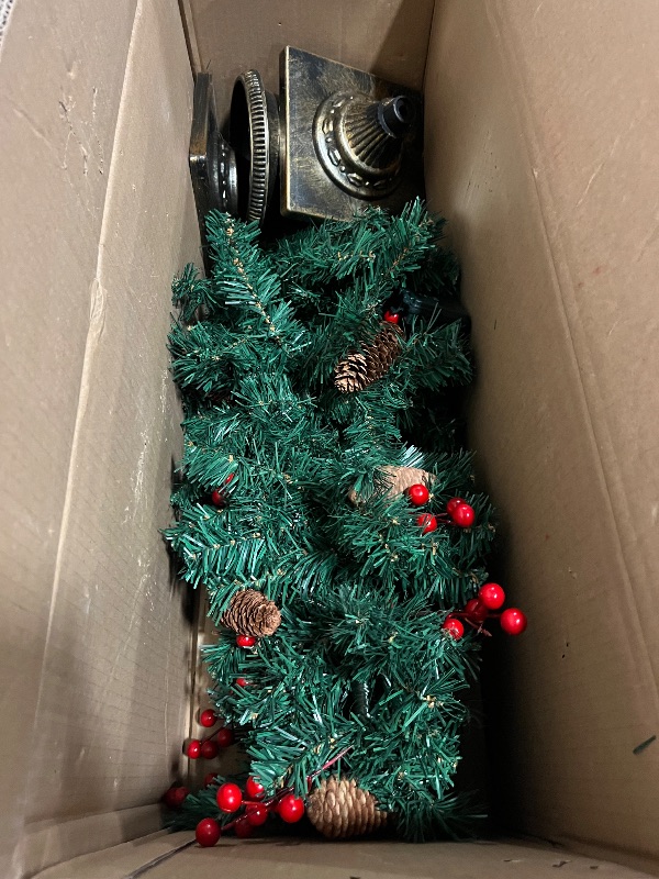 Photo 1 of Craftsatin 5 Pcs Pre Lit Artificial Christmas Wreath and Garland with Lights Set, 4ft Xmas Entrance Trees with 120 LED Light, 18ft Lighted Garlands and 24'' Wreath for Outdoor Christmas Decoration
