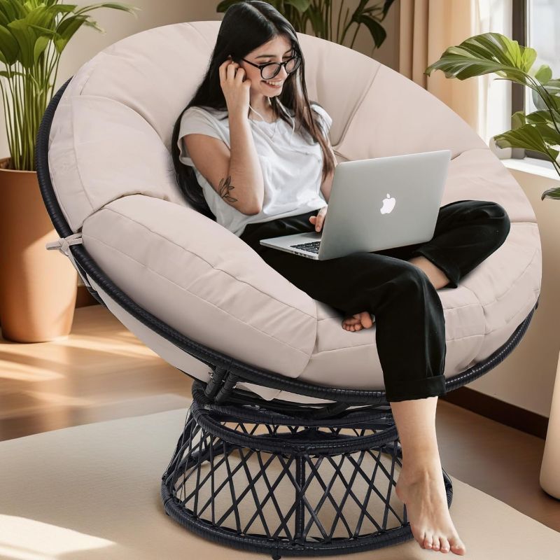 Photo 1 of KROFEM 46" Giant Oversized Ergonomic Rattan Papasan Chair with Soft Thick Cushion for Adults, Fluid 360° Swivel, Waterproof, Black Frame with Beige Cushion
