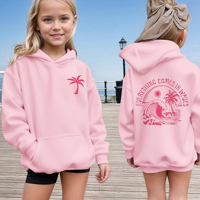 Photo 1 of (S) KIEKIECOO Girls Palm Graphic Hoodie Beach Cute Hoodies With Pocket Kids Preppy Sweatshirt Ocean Pullover Long Sleeve Top