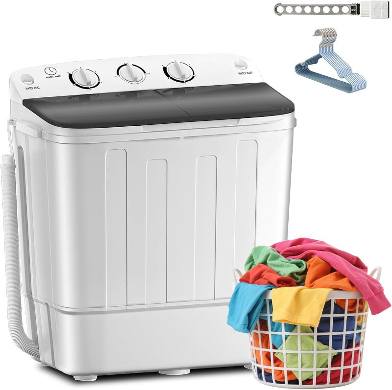 Photo 1 of Erivess Portable Twin Tub 18lbs Washing Machine with Drying Rack and 10 Hangers, 11lbs Washer Mini Compact Laundry Machine with 7lbs Spinner, Semi-automatic Washer Combo for Dorms, Apartment
