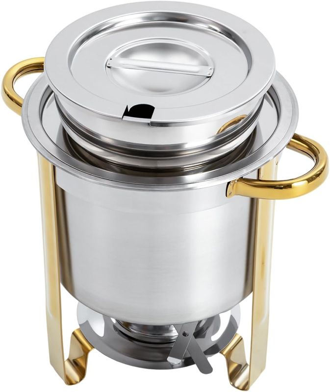 View 1 of 4QT Soup Chafer Stainless Steel Soup Warmer with Notched Lid and Fuel Holder Marmite Food Warmer Soup for Buffets, Catering, Parties, Banquets (4L/4.2Qt)