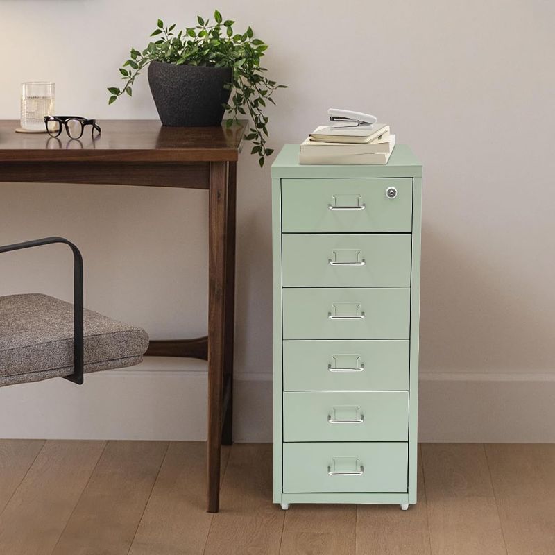 Photo 1 of 6 Drawer Office Storage File Cabinet, Slim Filing Cabinet Printer Stand Under Desk Filing Drawer Unit, Craft Storage Organization for Home, Office, Assembly Required (Green)
