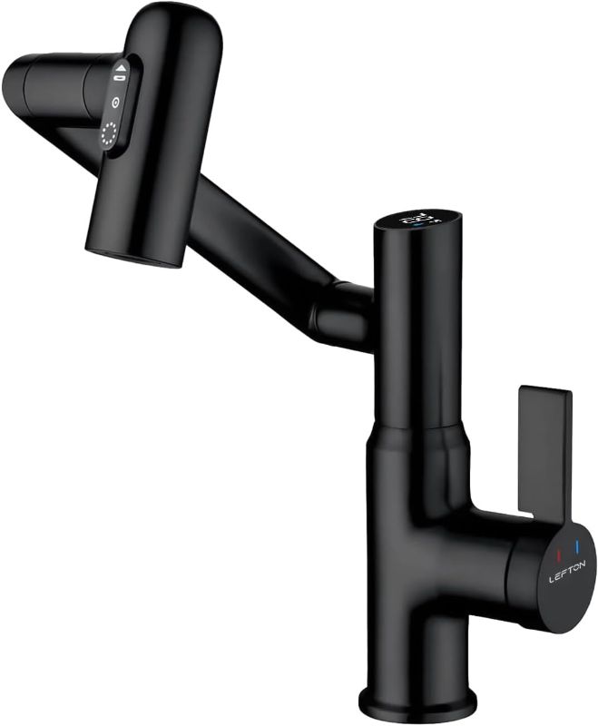 Photo 1 of Lefton Rotatable Bathroom Faucet with Temperature Display in Fahrenheit (Batteries-Free), 3 Water Outlet Modes, Matte Black, BF2204-3
