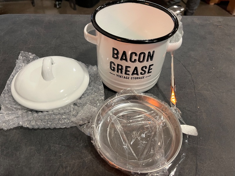 Photo 1 of Bacon Grease Container with Strainer - Large 46OZ Kitchen Oil Storage Can, Food Saver Bin with Lid | Farmhouse Cooking Pot Keeper Collector, Dishwasher Safe-White