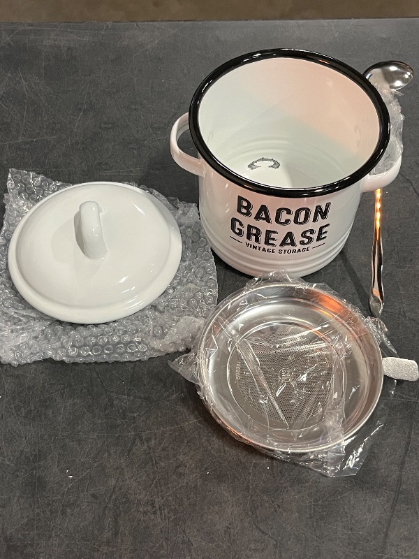 Photo 1 of Bacon Grease Container with Strainer - Large 46OZ Kitchen Oil Storage Can, Food Saver Bin with Lid | Farmhouse Cooking Pot Keeper Collector, Dishwasher Safe-White