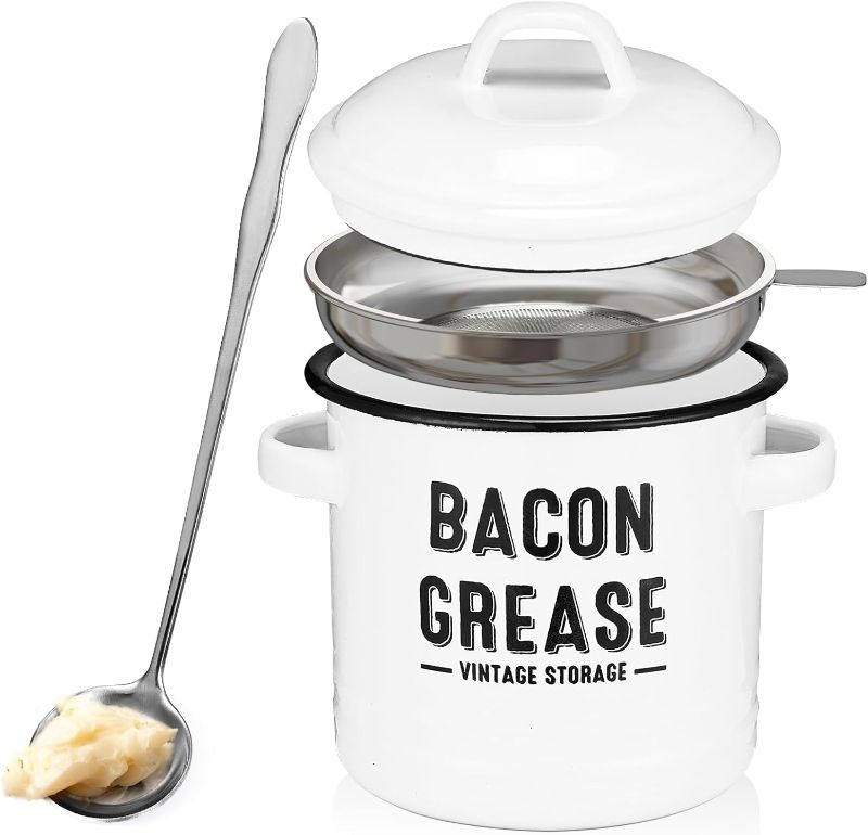 Photo 1 of Bacon Grease Container with Strainer - Large 46OZ Kitchen Oil Storage Can, Food Saver Bin with Lid | Farmhouse Cooking Pot Keeper Collector, Dishwasher Safe-White