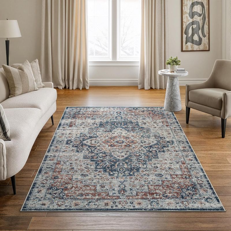 Photo 1 of Bloom Rugs Caria Washable Non-Slip 4x6 Rug - Terracotta/Teal Traditional Area Rug for Living Room, Bedroom, Dining Room, and Kitchen - Exact Size: 4' x 6'