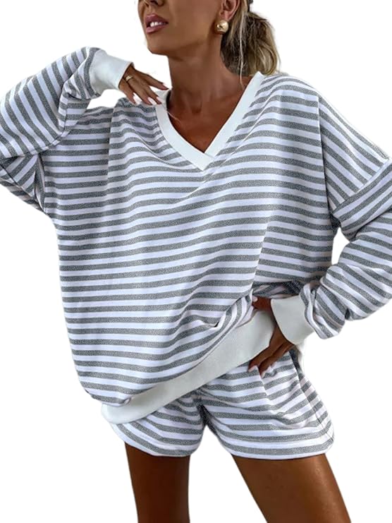 Photo 1 of (M) Melliflo Women 2 Piece Outfits Lounge Sets Striped Print Long Sleeve V Neck Sweatshirt and Shorts Set Sweatsuit
