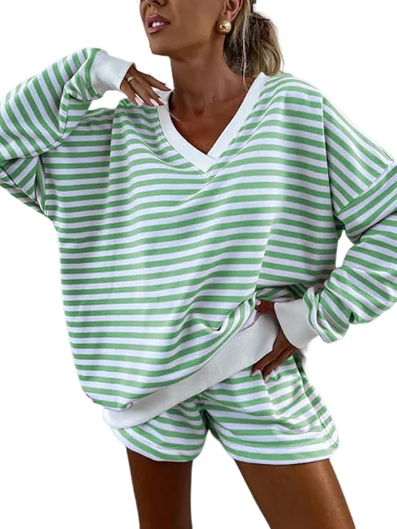 View 1 of (S) Melliflo Women 2 Piece Outfits Lounge Sets Striped Print Long Sleeve V Neck Sweatshirt and Shorts Set Sweatsuit