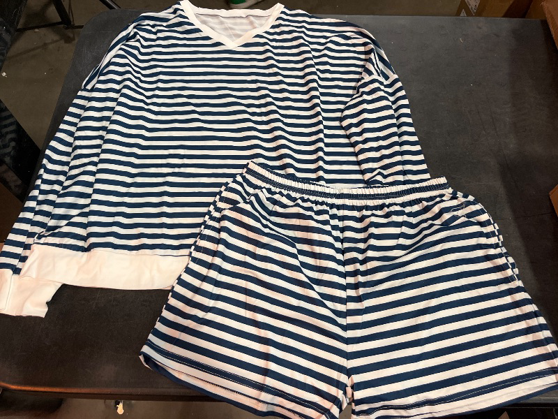 View 2 of (S) Melliflo Women 2 Piece Outfits Lounge Sets Striped Print Long Sleeve V Neck Sweatshirt and Shorts Set Sweatsuit
