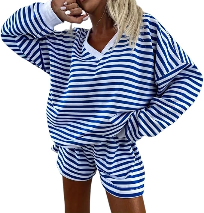 View 1 of (S) Melliflo Women 2 Piece Outfits Lounge Sets Striped Print Long Sleeve V Neck Sweatshirt and Shorts Set Sweatsuit