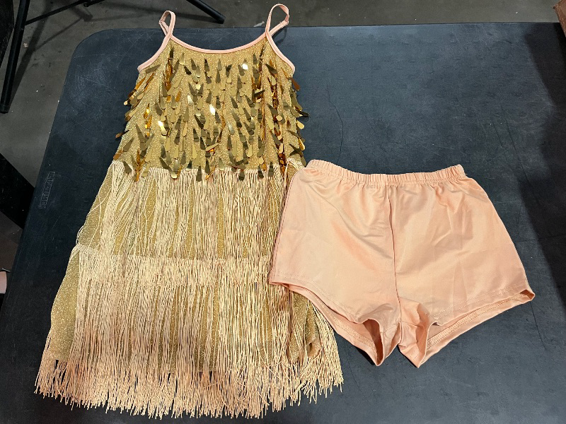 Photo 1 of (S) LOLANTA 2Pcs Girls Sequin Fringe Dress, Salsa Cha Cha Tassel Latin Dance Dress & Shorts, Adjustable Spaghetti Strap