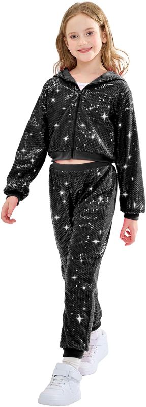 Photo 1 of (M) LOLANTA 2Pcs Girls Dance Outfits Cropped Sequin Jacket Pants Set, Kids Hip Hop Dance Costumes for 80s 90s Party
