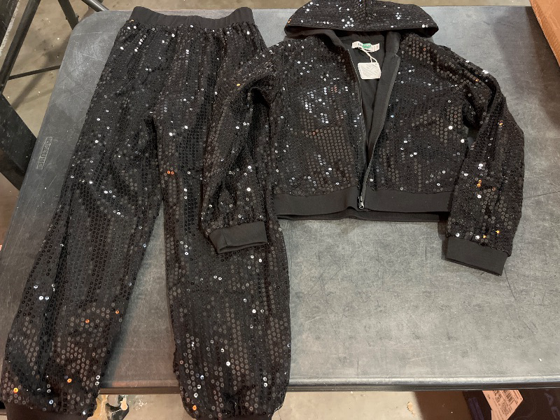 Photo 1 of (M) LOLANTA 2Pcs Girls Dance Outfits Cropped Sequin Jacket Pants Set, Kids Hip Hop Dance Costumes for 80s 90s Party
